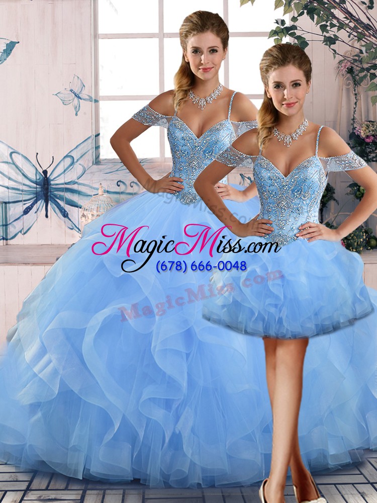 wholesale custom designed floor length blue sweet 16 dress off the shoulder sleeveless lace up