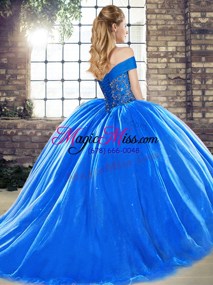 wholesale exceptional turquoise ball gowns off the shoulder sleeveless organza brush train lace up beading ball gown prom dress