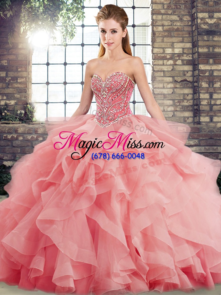 wholesale affordable sweetheart sleeveless tulle quinceanera gown beading and ruffles brush train lace up