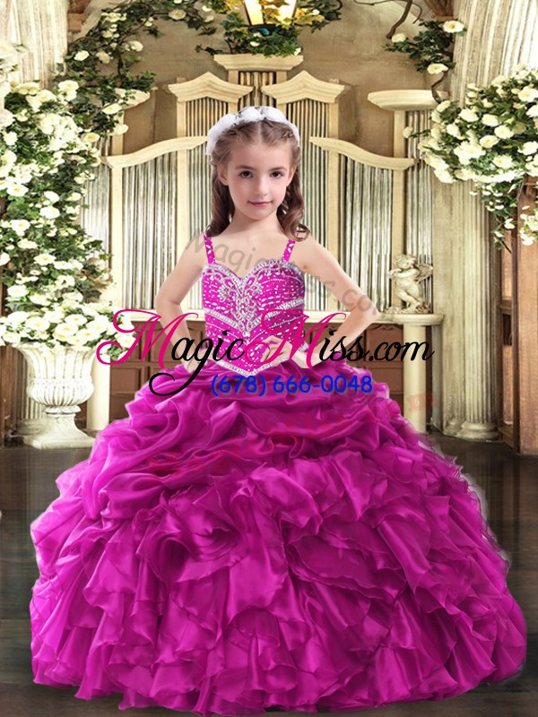 wholesale fantastic floor length fuchsia little girl pageant gowns organza sleeveless beading and ruffles