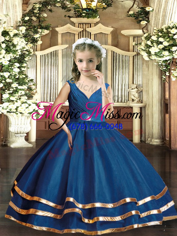 wholesale beauteous floor length backless pageant gowns for girls navy blue for party and sweet 16 and wedding party with beading