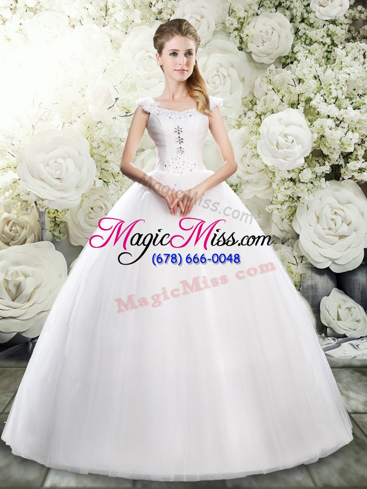 wholesale super white straps neckline beading and hand made flower wedding dresses sleeveless lace up