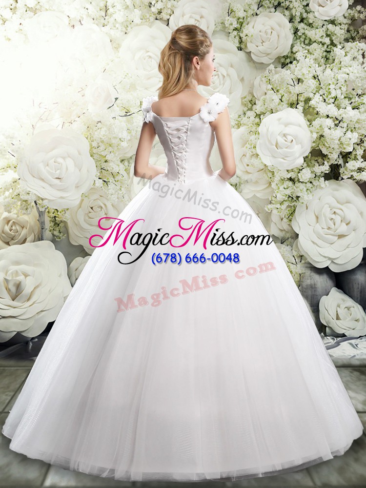 wholesale super white straps neckline beading and hand made flower wedding dresses sleeveless lace up