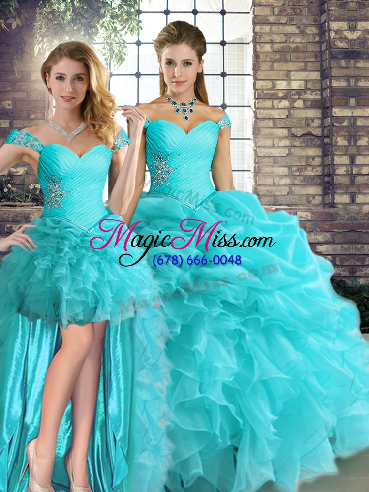 wholesale sleeveless floor length beading and ruffles and pick ups lace up quince ball gowns with aqua blue