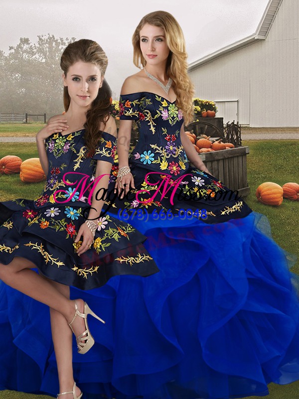 wholesale wonderful royal blue sleeveless embroidery and ruffles floor length 15 quinceanera dress