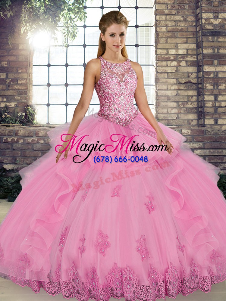 wholesale dramatic rose pink sleeveless tulle lace up quinceanera dress for military ball and sweet 16 and quinceanera