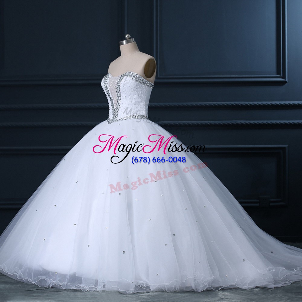 wholesale flirting white wedding dresses tulle brush train sleeveless beading