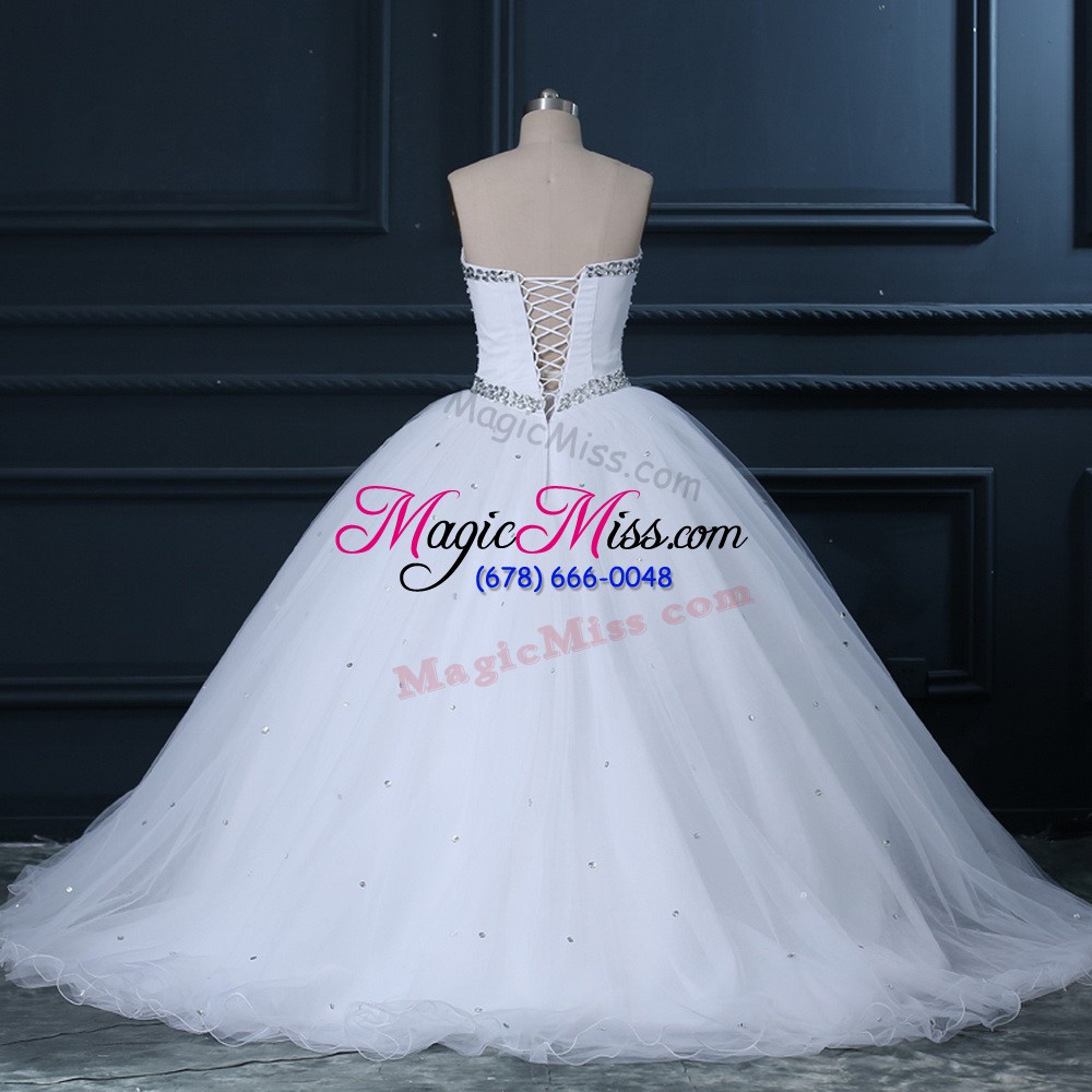 wholesale flirting white wedding dresses tulle brush train sleeveless beading