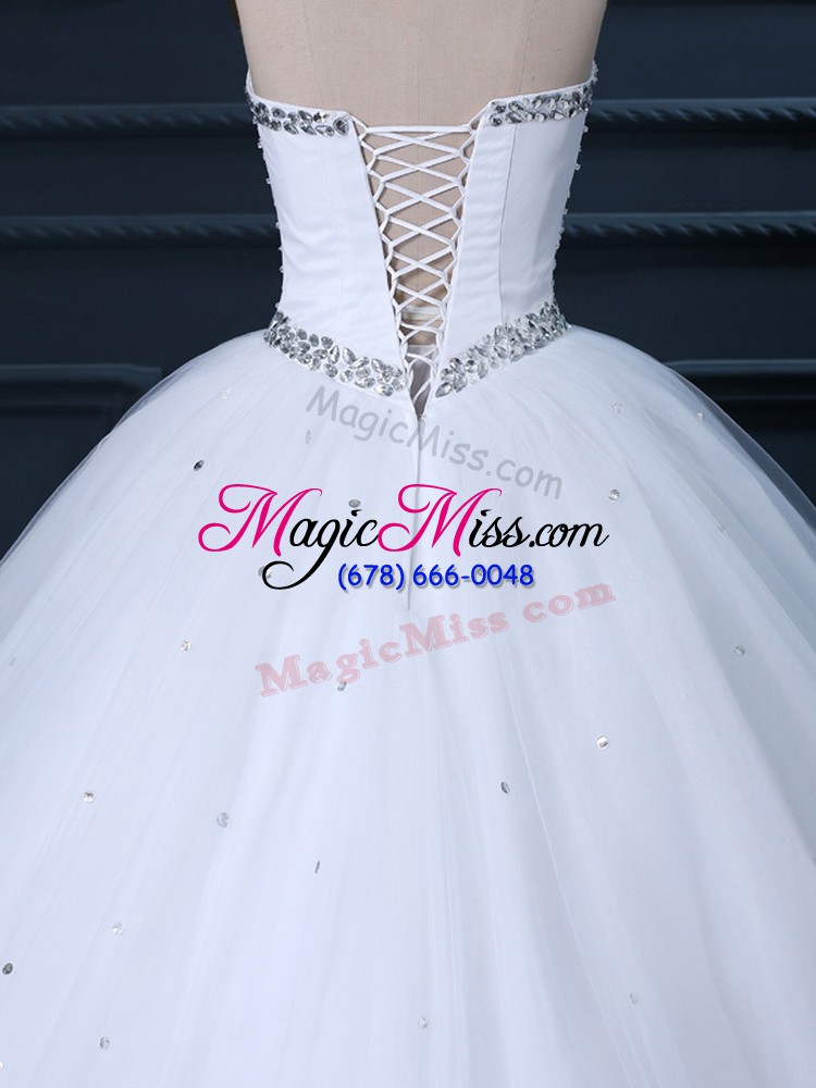 wholesale flirting white wedding dresses tulle brush train sleeveless beading