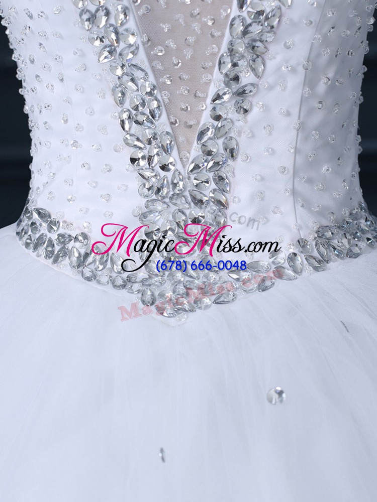 wholesale flirting white wedding dresses tulle brush train sleeveless beading