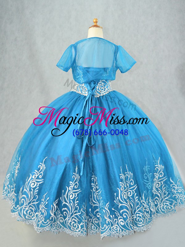 wholesale sleeveless floor length beading and embroidery lace up child pageant dress with baby blue