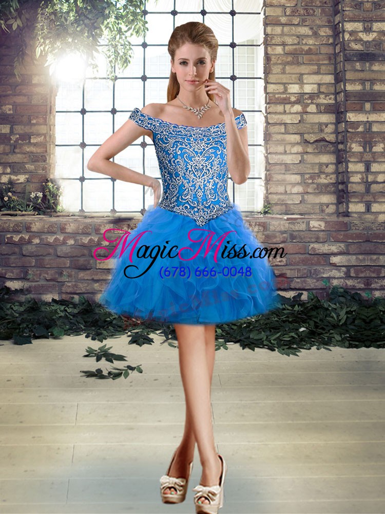 wholesale artistic sleeveless beading and ruffles lace up quinceanera gown with blue brush train