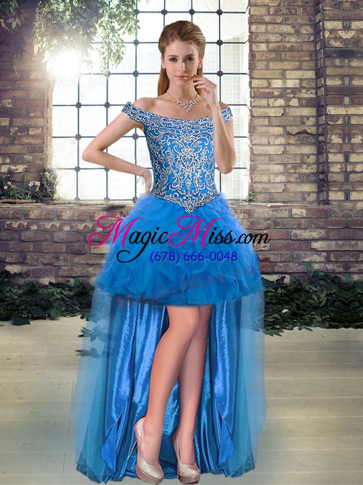 wholesale artistic sleeveless beading and ruffles lace up quinceanera gown with blue brush train