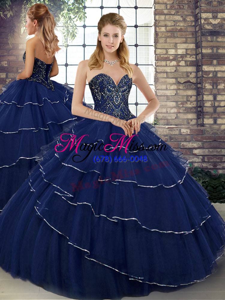 wholesale brush train ball gowns quince ball gowns navy blue sweetheart tulle sleeveless lace up