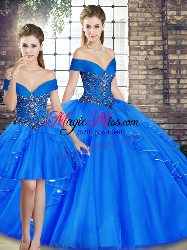 wholesale royal blue three pieces beading and ruffles quinceanera gown lace up tulle sleeveless floor length