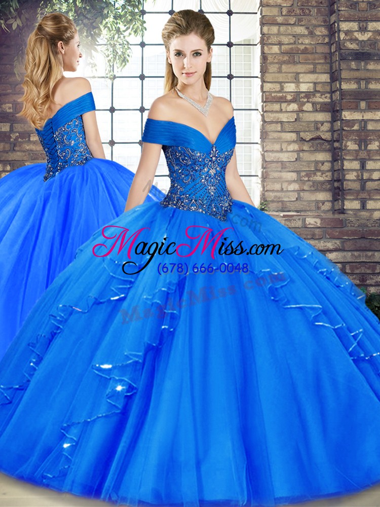 wholesale royal blue three pieces beading and ruffles quinceanera gown lace up tulle sleeveless floor length