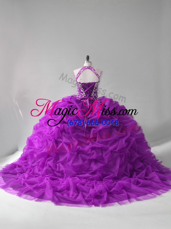 wholesale exquisite purple organza lace up sweet 16 dresses sleeveless court train beading and pick ups