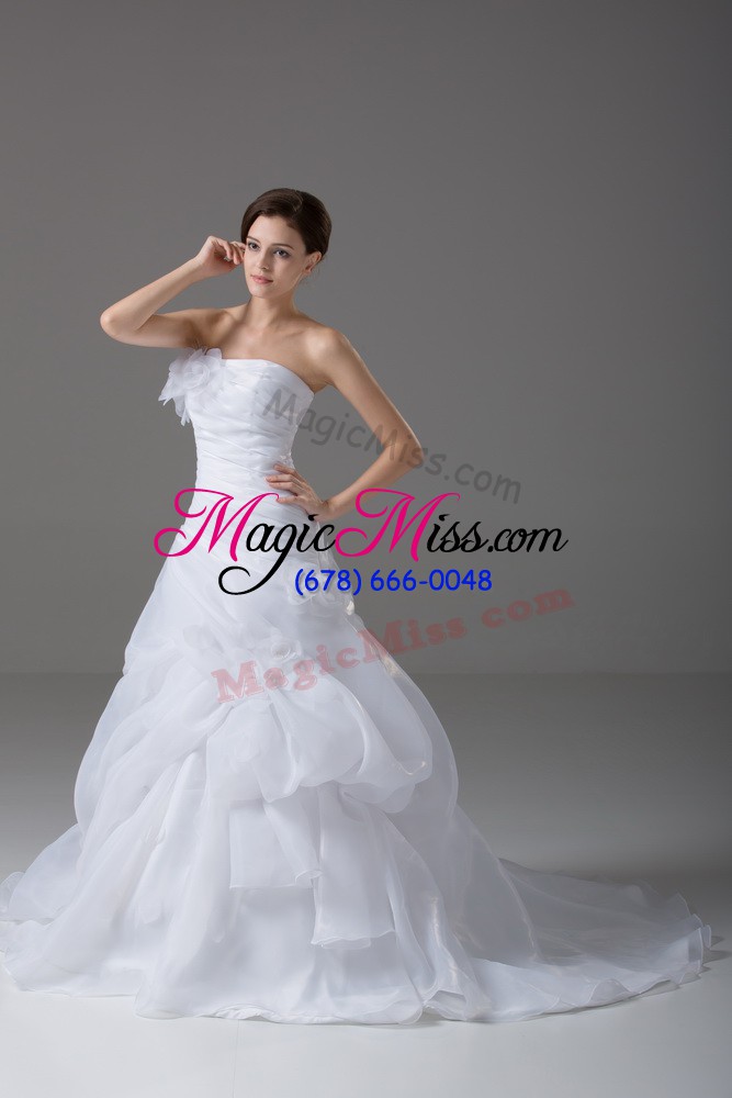 wholesale spectacular brush train a-line wedding gown white strapless organza sleeveless lace up