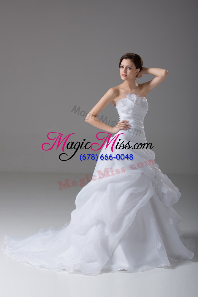 wholesale spectacular brush train a-line wedding gown white strapless organza sleeveless lace up