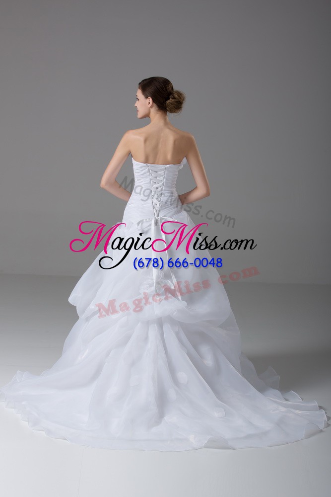 wholesale spectacular brush train a-line wedding gown white strapless organza sleeveless lace up