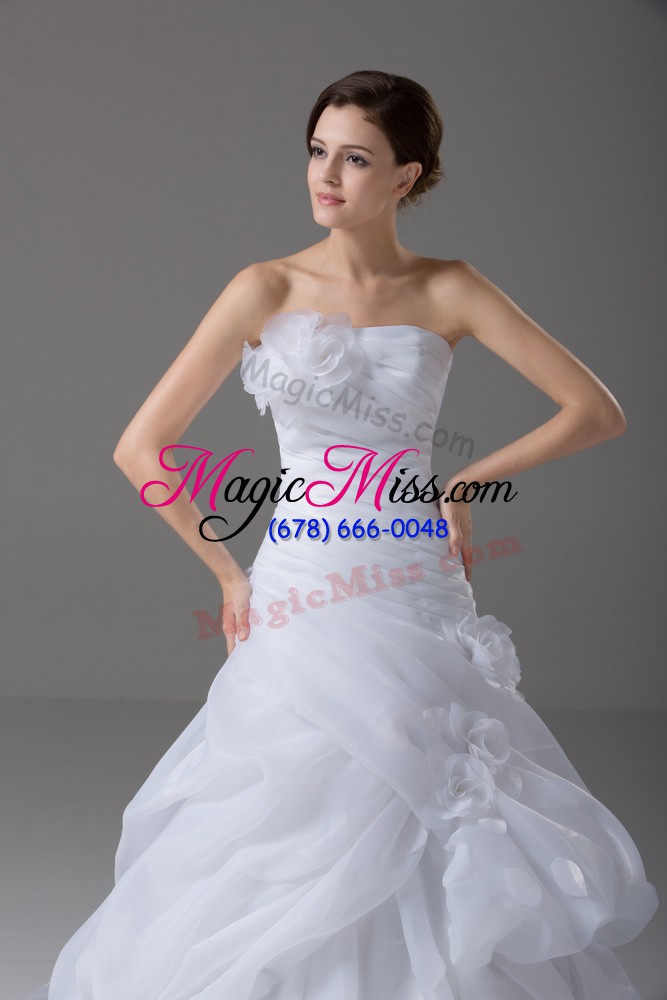 wholesale spectacular brush train a-line wedding gown white strapless organza sleeveless lace up