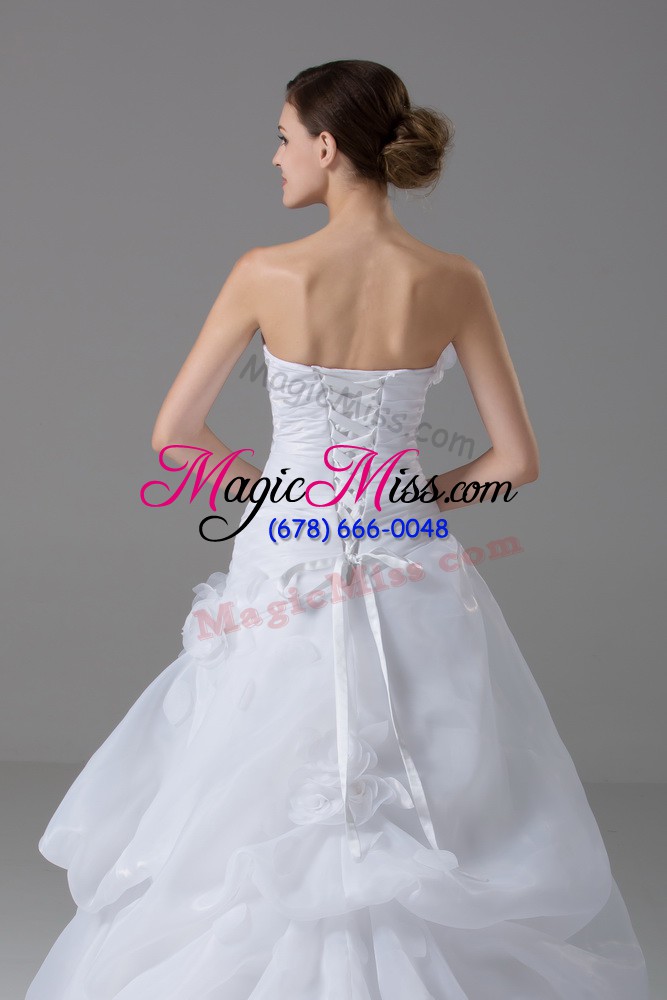 wholesale spectacular brush train a-line wedding gown white strapless organza sleeveless lace up