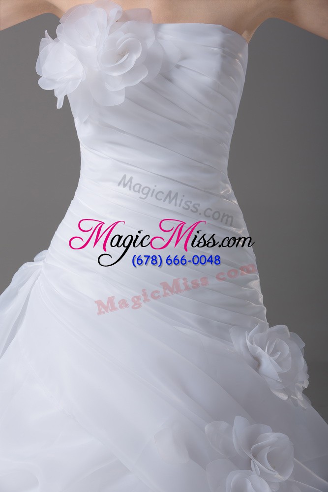 wholesale spectacular brush train a-line wedding gown white strapless organza sleeveless lace up