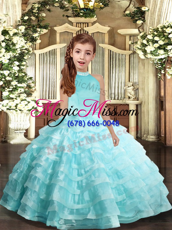 wholesale inexpensive aqua blue ball gowns organza halter top sleeveless beading and ruffled layers floor length backless pageant dress for girls