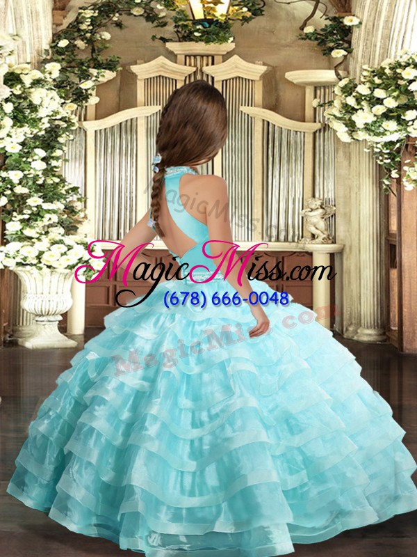 wholesale inexpensive aqua blue ball gowns organza halter top sleeveless beading and ruffled layers floor length backless pageant dress for girls