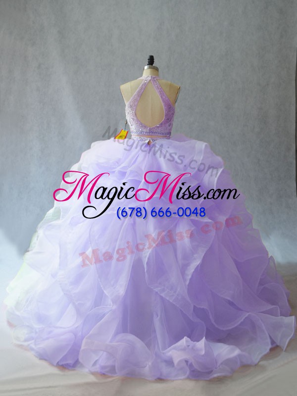 wholesale shining lavender organza backless halter top sleeveless sweet 16 dress brush train beading and ruffles