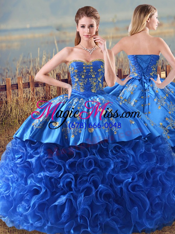 wholesale noble royal blue lace up 15th birthday dress embroidery and ruffles sleeveless floor length