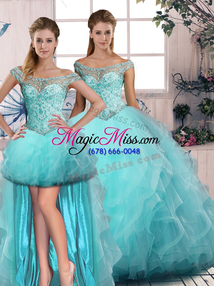 wholesale edgy aqua blue sleeveless beading and ruffles lace up quinceanera gowns