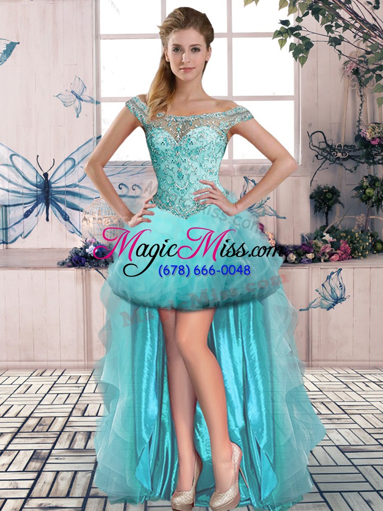 wholesale edgy aqua blue sleeveless beading and ruffles lace up quinceanera gowns