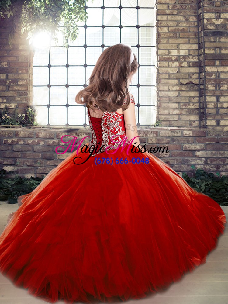 wholesale floor length red kids formal wear off the shoulder sleeveless lace up