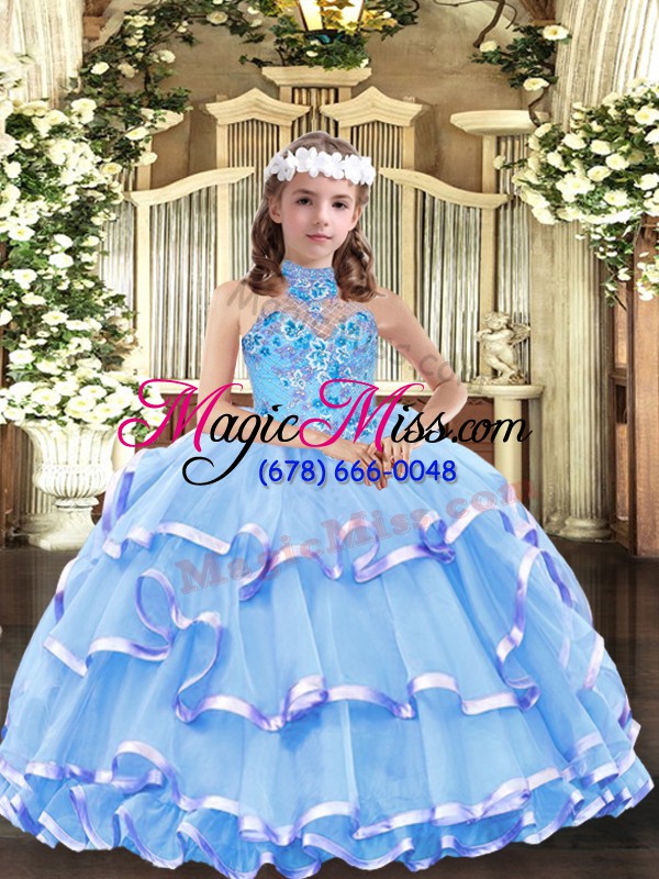 wholesale organza high-neck sleeveless lace up appliques and ruffled layers pageant dress for teens in baby blue