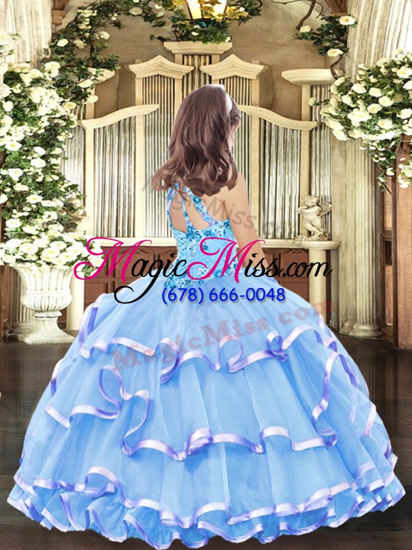 wholesale organza high-neck sleeveless lace up appliques and ruffled layers pageant dress for teens in baby blue