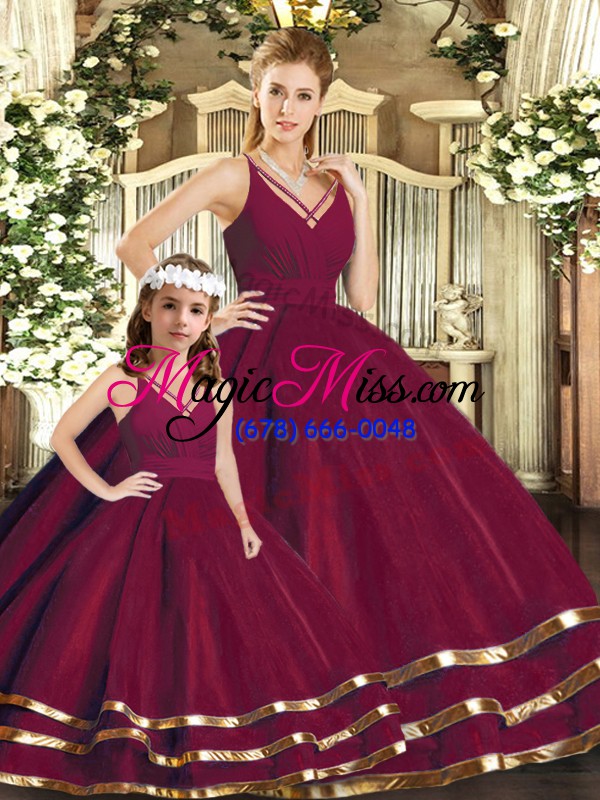 wholesale spectacular burgundy sleeveless ruffled layers floor length quince ball gowns