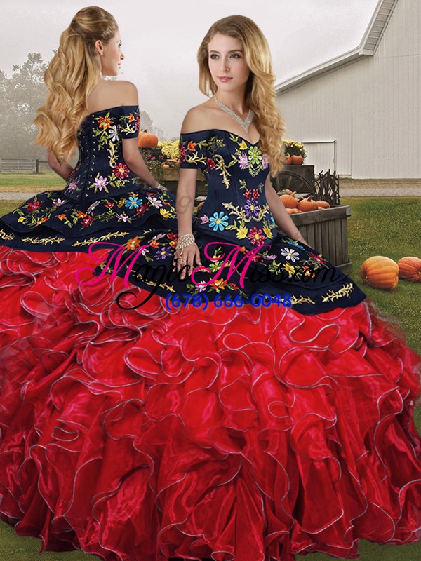 wholesale modern red and black lace up off the shoulder embroidery and ruffles quinceanera dresses organza sleeveless