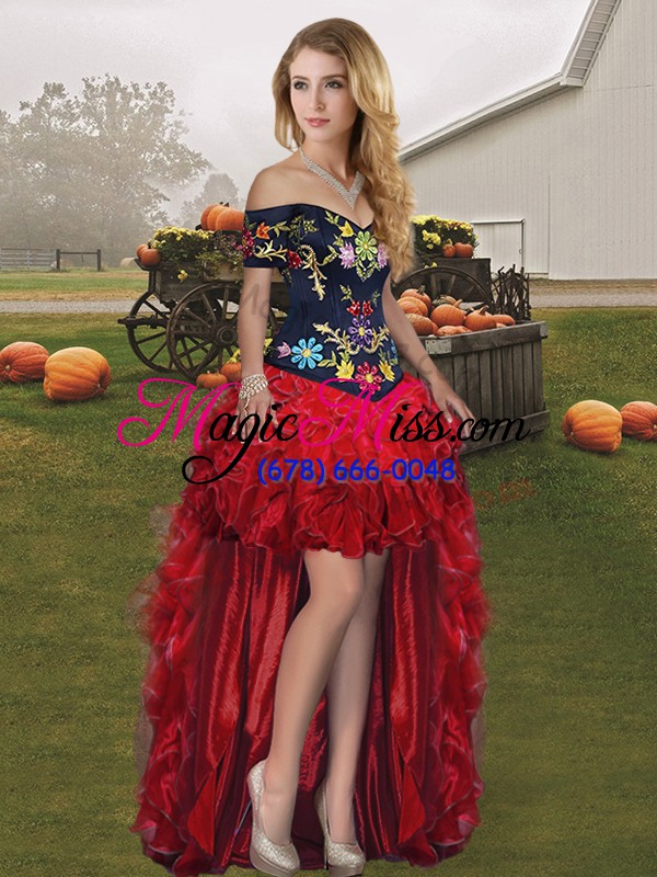 wholesale modern red and black lace up off the shoulder embroidery and ruffles quinceanera dresses organza sleeveless