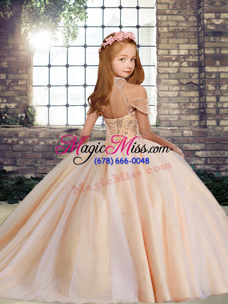 wholesale latest fuchsia ball gowns high-neck sleeveless tulle floor length lace up beading little girls pageant gowns