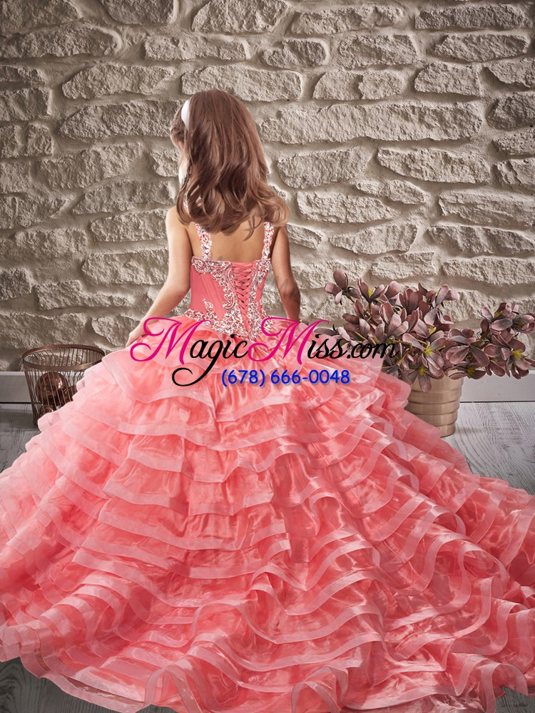 wholesale enchanting orange lace up high school pageant dress beading and ruffled layers sleeveless brush train