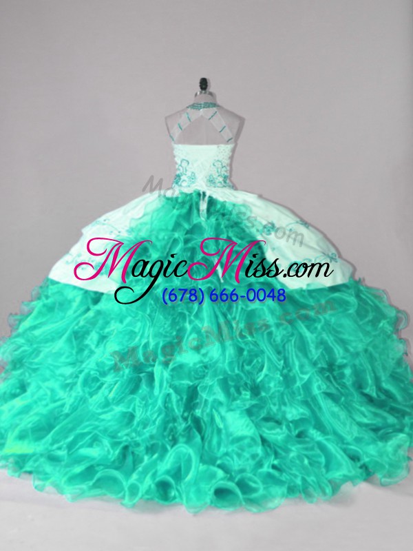 wholesale sumptuous turquoise ball gown prom dress sweet 16 and quinceanera with embroidery and ruffles halter top sleeveless court train lace up