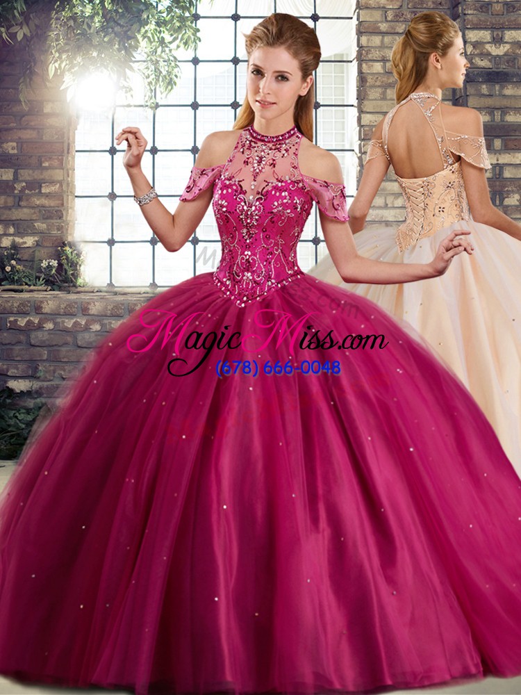 wholesale fancy fuchsia lace up halter top beading vestidos de quinceanera tulle sleeveless brush train