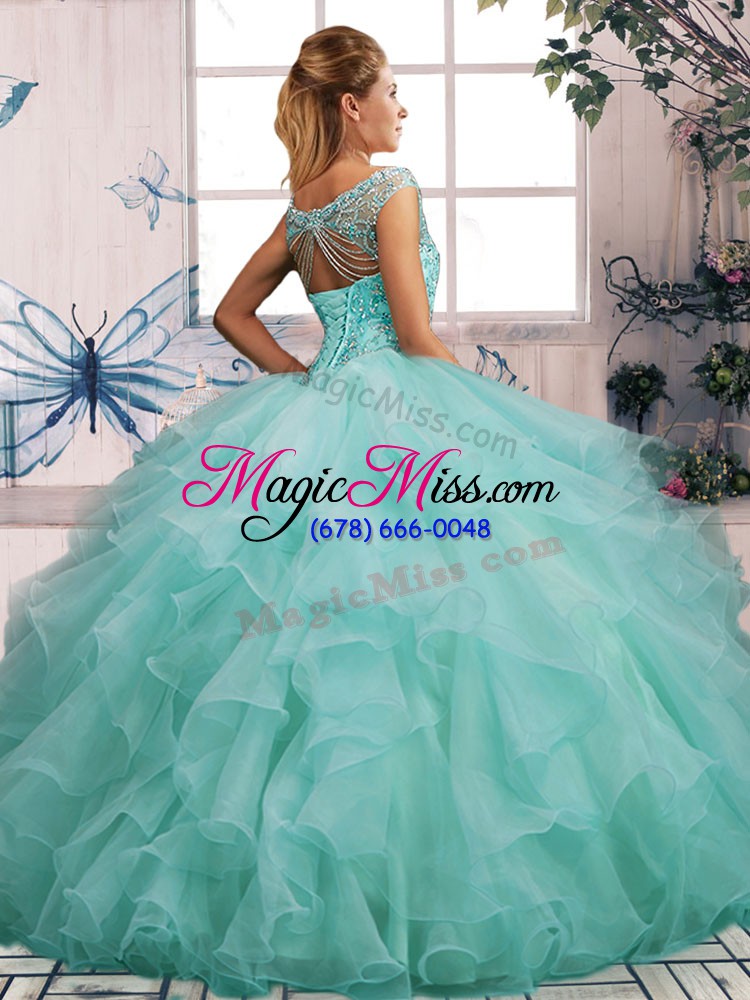 wholesale fashionable off the shoulder sleeveless ball gown prom dress floor length beading and ruffles lavender organza