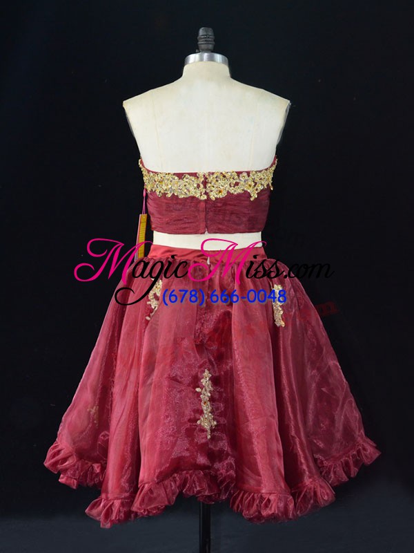 wholesale wine red organza zipper prom party dress sleeveless mini length appliques and ruffles