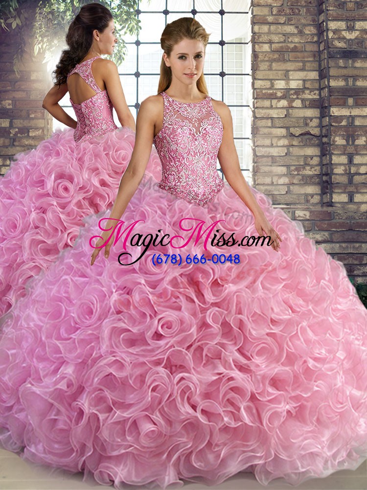 wholesale scoop sleeveless lace up ball gown prom dress rose pink fabric with rolling flowers