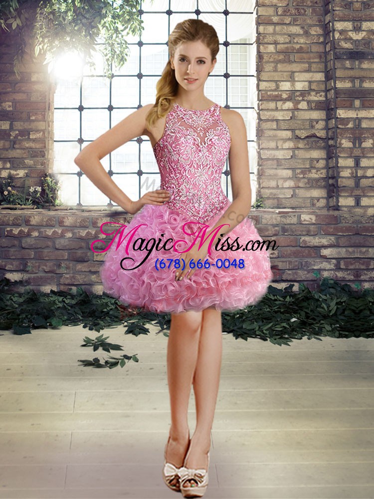 wholesale scoop sleeveless lace up ball gown prom dress rose pink fabric with rolling flowers