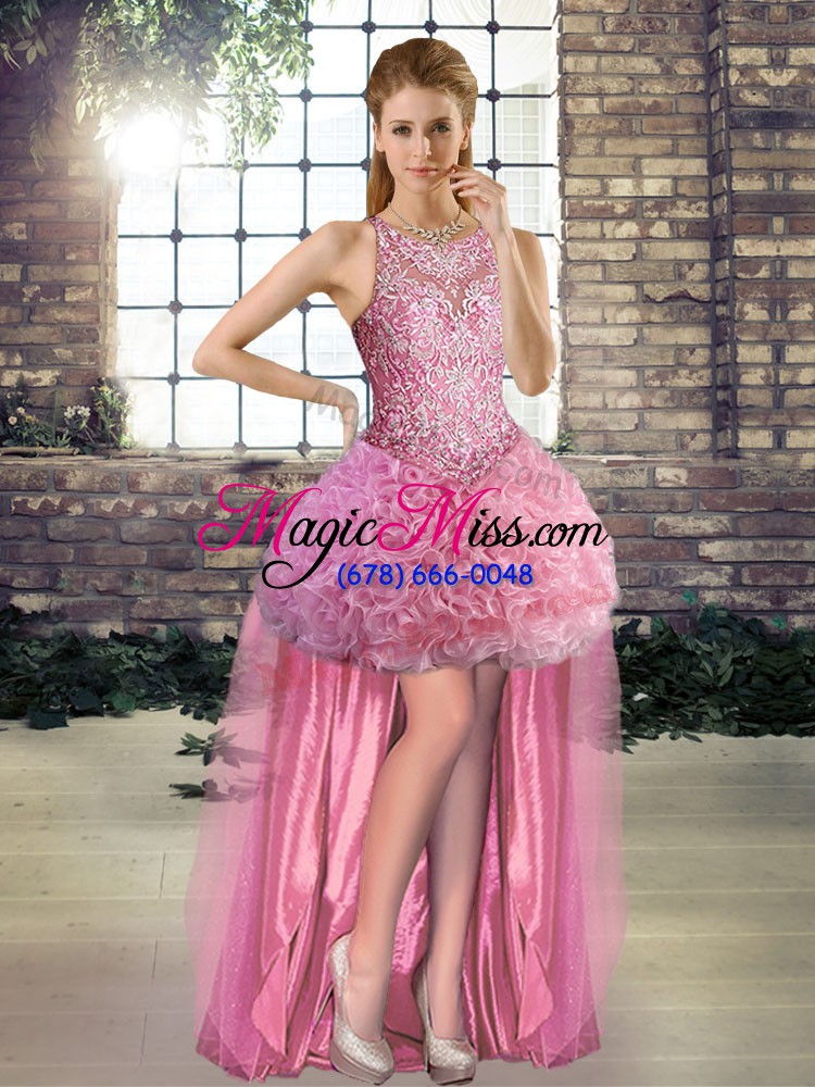 wholesale scoop sleeveless lace up ball gown prom dress rose pink fabric with rolling flowers