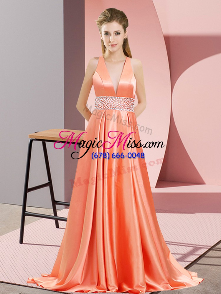 wholesale high class elastic woven satin sleeveless prom gown brush train and beading