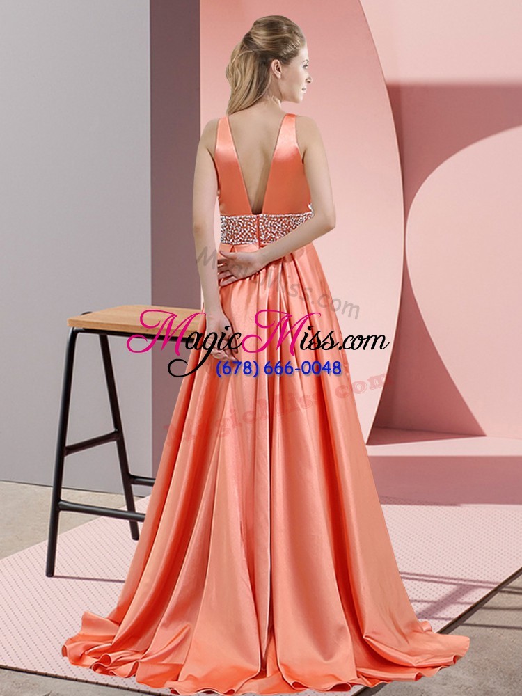 wholesale high class elastic woven satin sleeveless prom gown brush train and beading